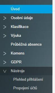 naleznete přehled přihlášení - můžete propojit své účty, pokud máte na škole více dětí, abyste se nemuseli přihlašovat vícekrát