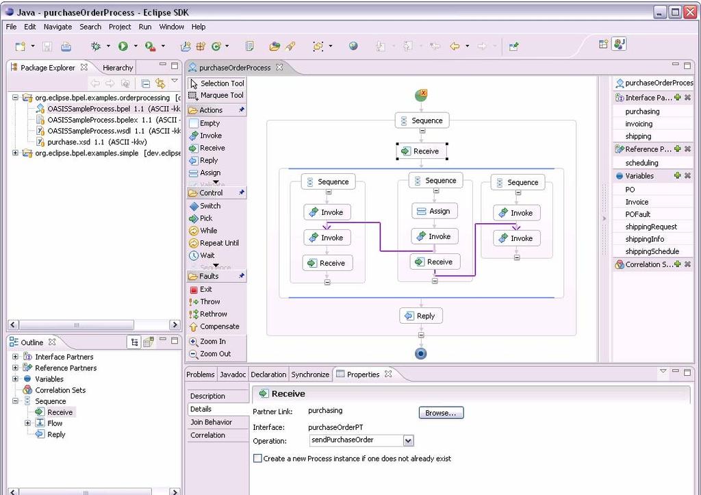 Obrázek 10 - prostředí Eclipse BPEL Project [4] Tento nástroj se neustále vyvíjí a poskytuje uživateli příjemné prostředí (viz Obrázek 10) podobné jako