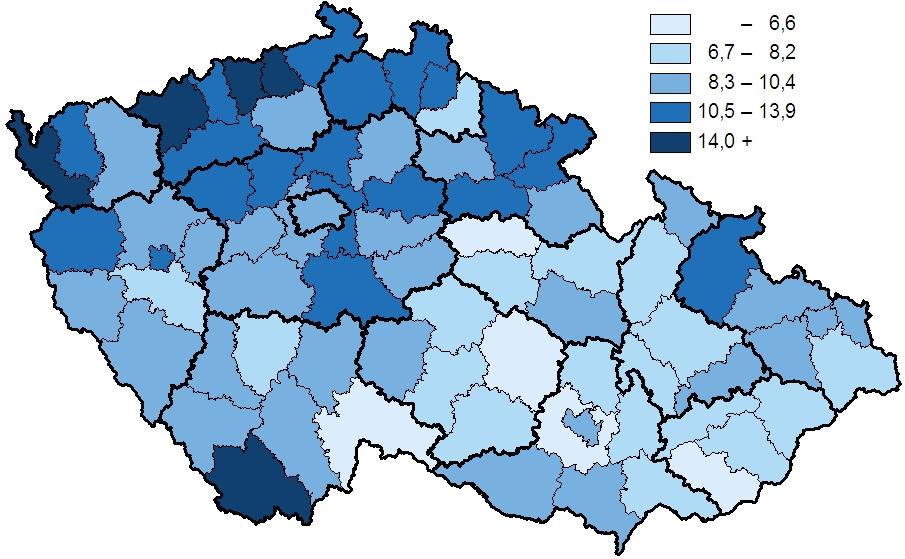 9. Počet potratů na 1 000 žen ve fertilním věku v okresech ČR No.