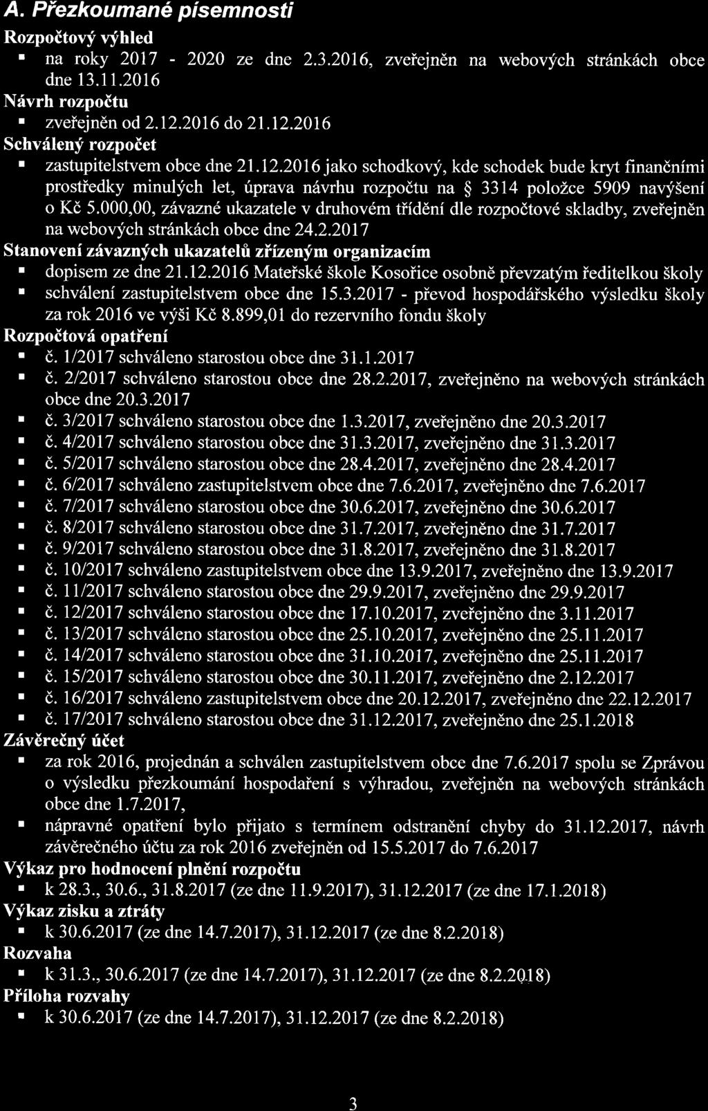 A. P ezkouman pisemnosti Rozpoitovy vfhled ' na roky 2017-2020 ze dne 2.3.2016, zveiejn6n na webov;fch strrinkilch obce dne 13.11.2016 Nrlvrh rozpoitu. zveiejnen od 2.12.