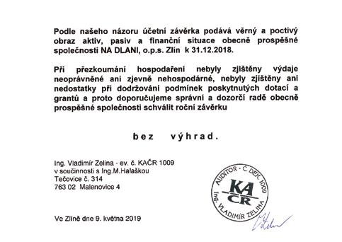 ZPRÁVA NEZÁVISLÉHO AUDITORA ZÁMĚRY ORGANIZACE NA DLANI PRO ROK 2019 realizace odbornostních setkání podpora odborné veřejnosti v oblasti sociálně právní ochrany dětí v rámci publikační činnosti budou