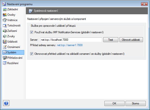 Systém Pouţívat sluţbu IMP.NotificationServices (globální nastavení) Povolení používání služby IMP.NotificationServices pro zpracování událostí přístupů. Služba IMP.