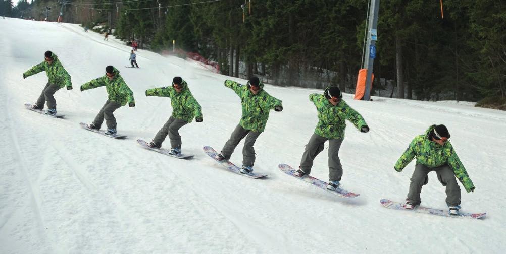 SNOWBOARDING Popis pohybu nosepress Vycházíme z jízdy po spádnici v základním postavení. Pomalu přenášíme váhu na přední nohu tak, že ji pokrčíme do podřepu a postupně snižujeme těžiště.