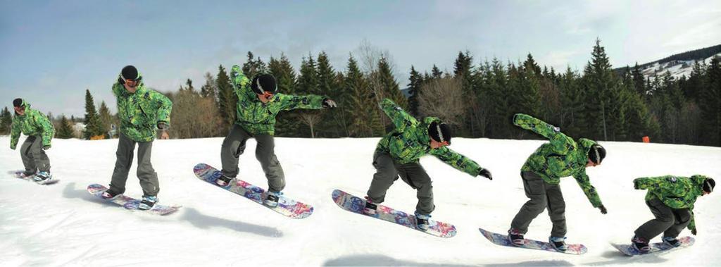 SNOWBOARDING Doplňující cvičení Ollie přes překážku. Opakování několika ollie za sebou. Nácvik s využitím terénních nerovností (boule, hrana ). Nácvik na skoku.