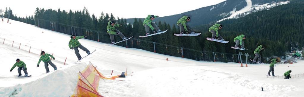SNOWBOARDING dostaneme snowboard do rovnoběžné polohy se svahem. Před dopadem natahujeme nohy. Dopadáme na obě nohy, které pro ztlumení dopadu pokrčíme. Po celou dobu triku sledujeme dopad.