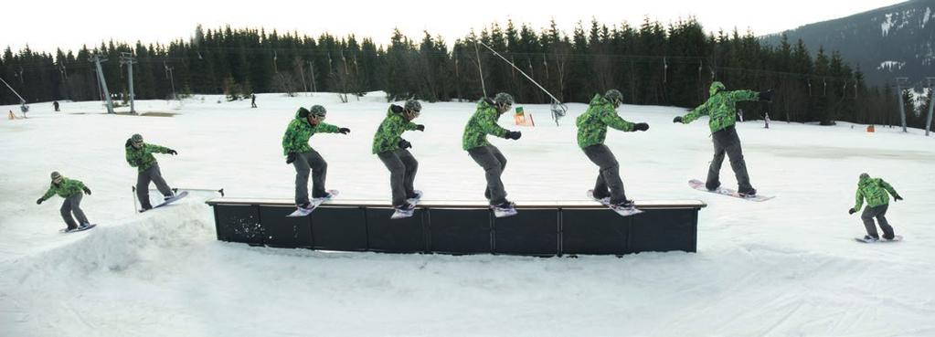 SNOWBOARDING 6.6.3 BS boardslide Popis pohybu BS boardslide Na překážku se rozjíždíme tak, že máme váhu nad středem snowboardu. Ruce jsou mírně od těla.