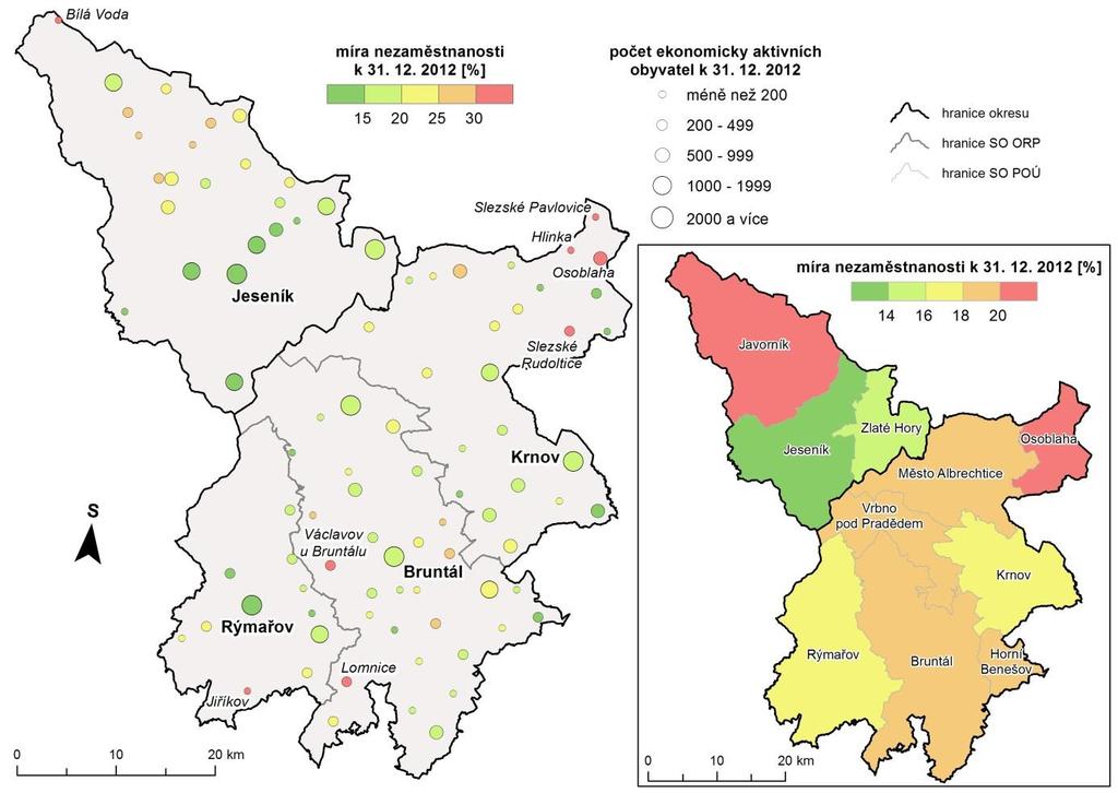 Obr. 2 Míra nezaměstnanosti a počet ekonomicky aktivních obyvatel v okresech Bruntál a Jeseník k