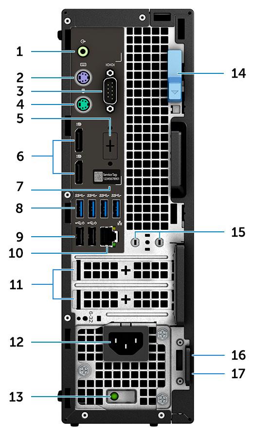Zadní pohled 1 Port výstupu zvuku 2 Port PS/2 pro klávesnici 3 Sériový port 4 Port PS/2 pro myš 5 Port DisplayPort / HDMI 2.