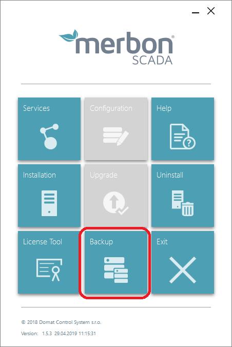 2 Zálohování K zálohování je možno použít funkci Backup, která je součástí instalátoru a najdeme ji v hlavním dlaždicovém menu, po spuštění aplikace Merbon Installer.