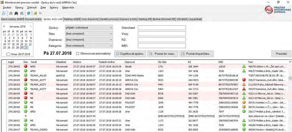 Obrázek 19: MPVDesktop - Zprávy do/z vozů [zdroj: MPVDesktop] Katalog oběhů obsahuje seznam veškerých turnusů daného dopravce, které jsou aktuálně platné.