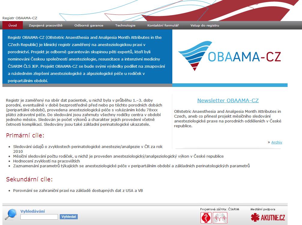 Stránky projektu technická podpora OBAAMA.registry.