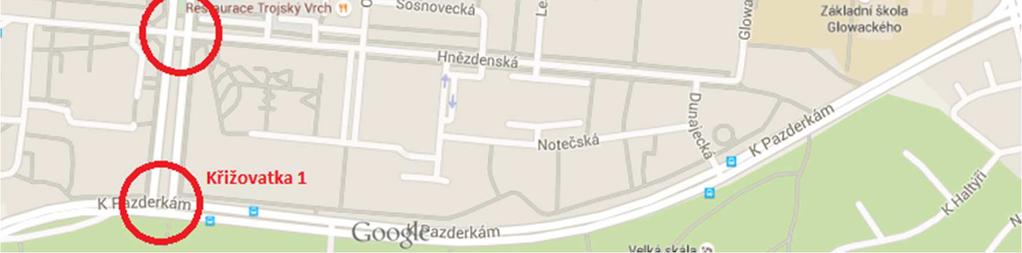 Mezi nejdůležitější křižovatky, které se nachází na ulici Lodžská, patří křižovatky s ulicí K Pazderkám (křižovatka 1), Mazurská a Hnězdenská (křižovatka