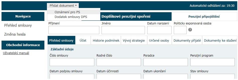 B.4. Přidat dokument - oznámení o změně Prostřednictvím aplikace nám můžete oznámit změny některých údajů uvedených ve smlouvě.