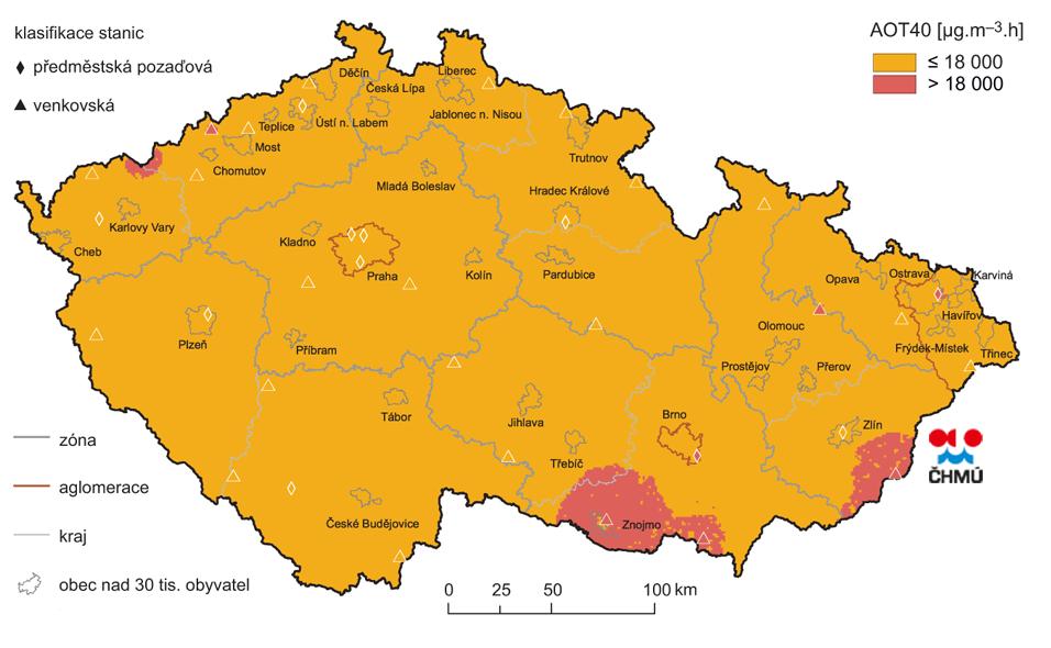 Obr. 15 Pole hodnot expozičního indexu AOT40, průměr za 5 let, 2013 2017 Smogové situace, 2015 červen 2019 Informativní prahová hodnota hodinové koncentrace ozonu pro vyhlášení smogové situace je 180
