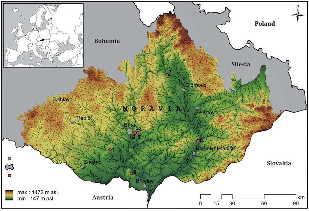 Towns State borders Aurignacian site DEM Moravia Fig. 1. Map of Moravia with location of sites mentioned in text.