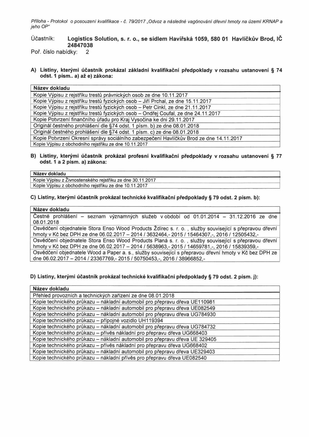 Příloha - Protokol o posouzení kvalifikace - č. 79/2017 Odvoz a následné vagónování dřevní hmoty na území KRNAP a jeho OP" Účastník: Logistics Solution, s. r. o., se sídlem Havířská 1059, 580 01 Havlíčkův Brod, IČ 24847038 Poř.