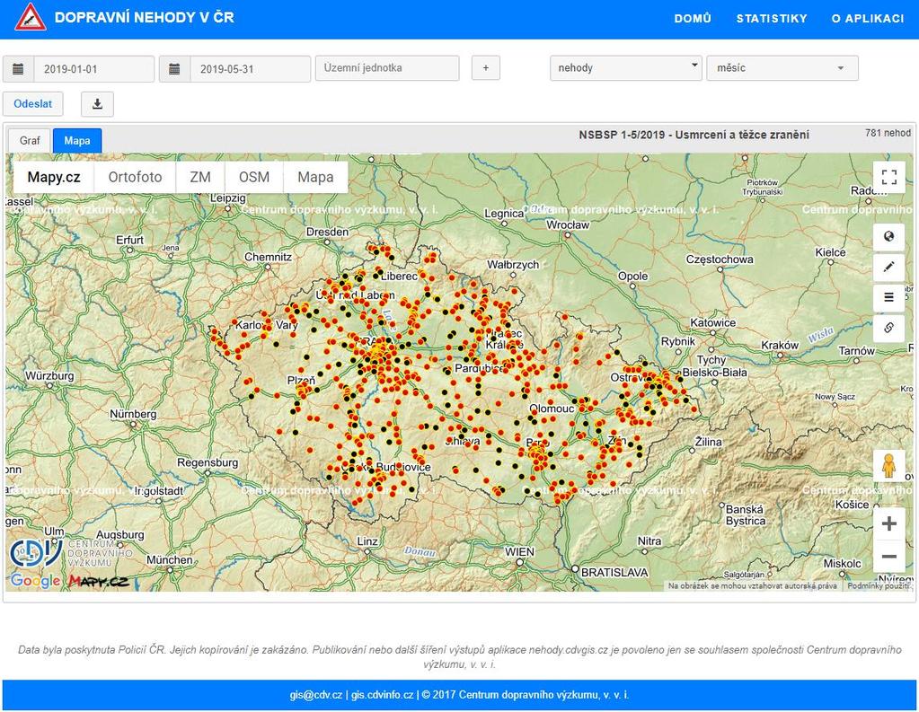 2.1.2 Nehodová místa se závažnými následky na životech a zdraví Mapové podklady jsou implementovány z aplikace DOPRAVNÍ NEHODY V ČR, předdefinovány byly příslušné filtry tak, aby bylo na první pohled