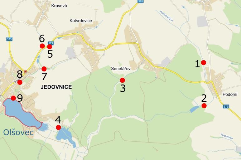 Rybník Olšovec 1. Podomí nad 2. Podomí pod 3. Senetářov pod 4. Přítok do Olšovce 5.