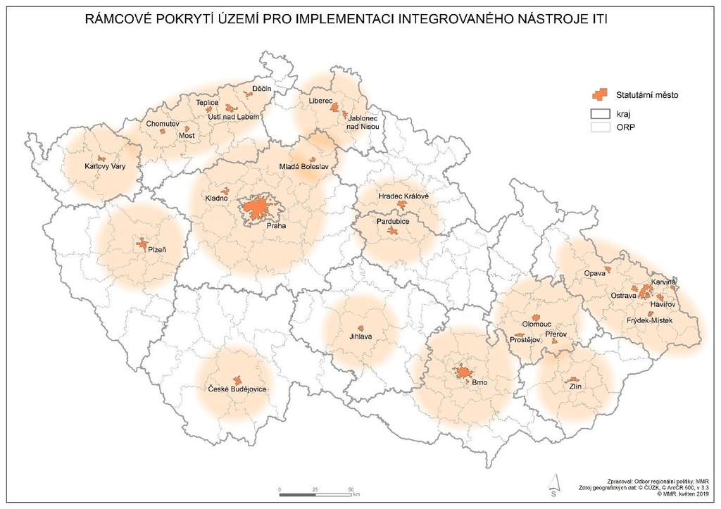 Obr. 2: Předpokládané pokrytí ČR nástrojem Integrated Territorial Investment (ITI) v období 2021+ (1) Metropolitními územími jsou Praha, Brno, Ostrava a jejich zázemí včetně venkovského.