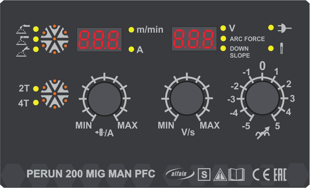 INVERTORY MULTIFUNKČNÍ PERUN 200 MIG MAN PFC Multifunkční invertorový generátor svařovacího proudu pro svařování metodou MMA, MIG/MAG a TIG Technologie IGBT Kompaktní, přenosný Digitální nastavování,