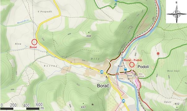 2. Geografická pozice a geomorfologie studované oblasti Lokalita Borač-Podolí leží asi 7 km sz. od města Tišnov v malé vesničce Podolí, která je součástí obce Borač (Obrázek 1).