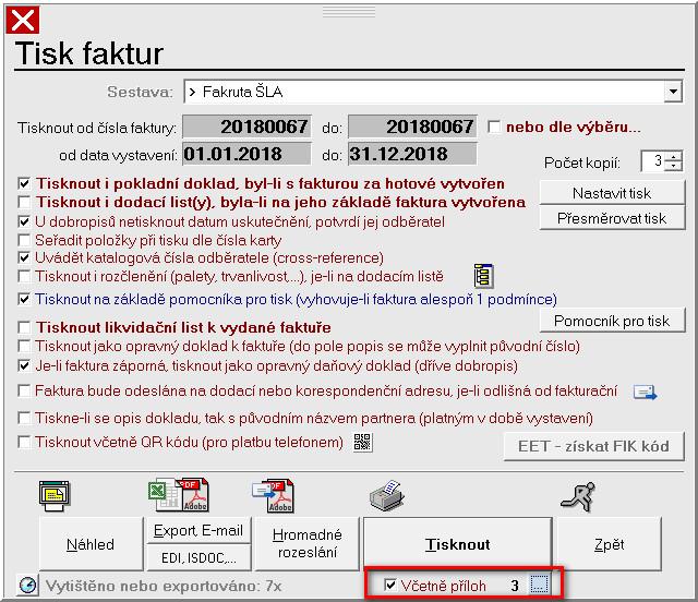 V dialogu tisku a exportu dokladu se k dispozici volba "Včetně příloh".