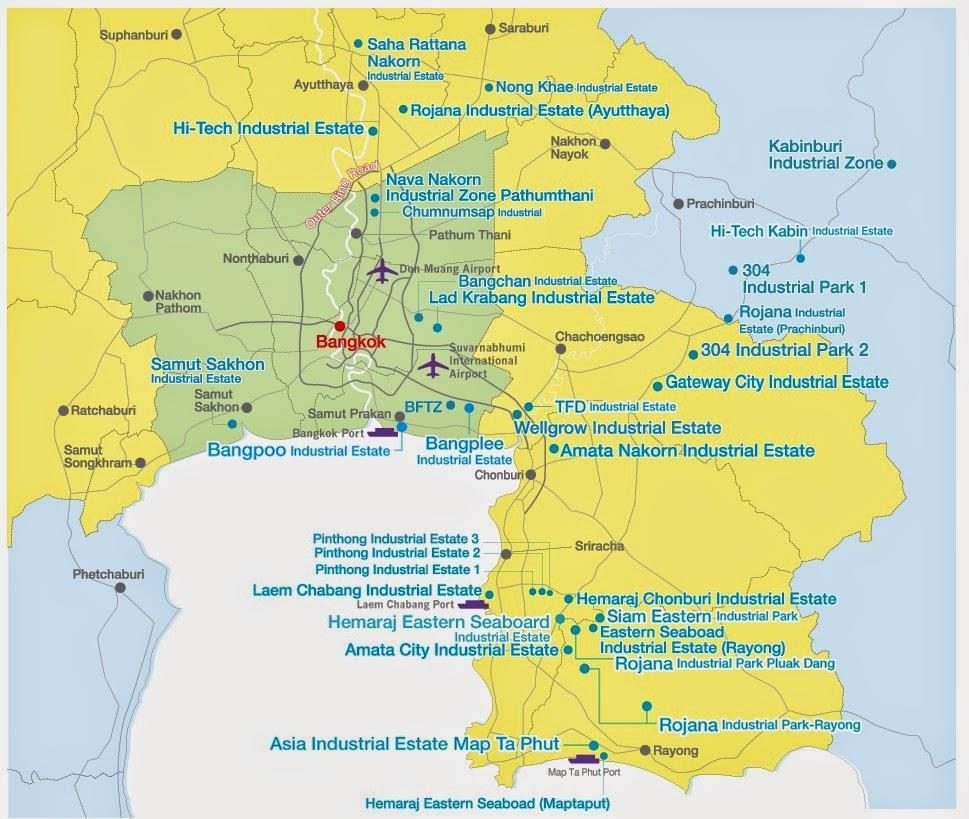 Většina průmyslové výroby je soustředěna do centrálního Thajska s centrem v Bangkoku 36 tisíc km² (7%) 22,6 mil.