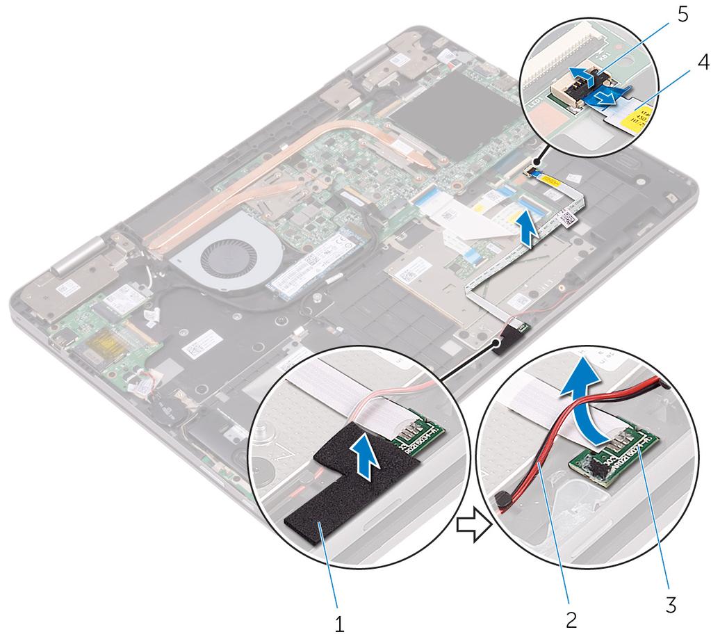 5 Zasuňte panel indikátorů stavu pod kabel reproduktoru a vyjměte panel indikátorů stavu ze sestavy