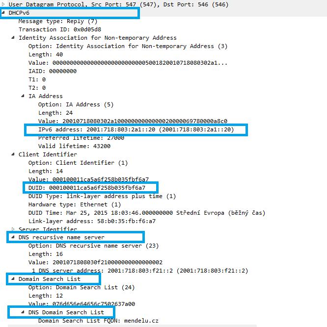 Řešení 62 Obr. 40 Záznam komunikace zprávy DHCPv6 Reply při stavové konfiguraci klientů Na obrázku 40 vidíme odpověď DHCPv6 serveru, která obsahuje všechny parametry, které server klientovi přidělil.