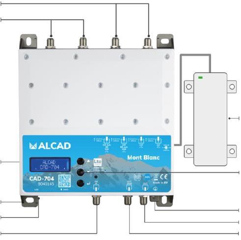 4. Instalace zařízení 2 x vstup UHF 2 x vstup VHF/UHF Externí napájecí zdroj 24 znakový displej Programovací klávesy Upevňovací otvor USB konektor BI/FM vstup Zemnící bod Výstup zesilovače Měřicí