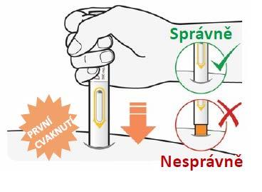 C4. Pero pevně držte Předplněné pero nadále pevně přidržujte přitisknuté na kůži. Je možné, že uslyšíte druhé cvaknutí.