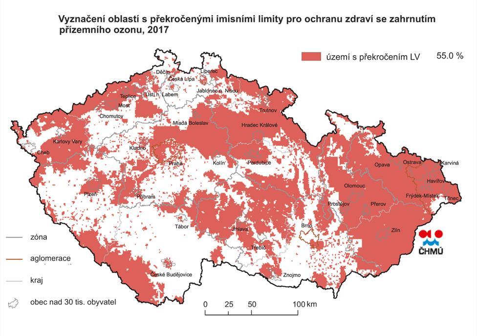 Graf 2: Překročení imisního limitu (LV) v ČR, % plochy, 2006-2017 Zdroj: http://portal.chmi.cz/files/portal/docs/uoco/isko/grafroc/17groc/gr17cz/png/ovii3.