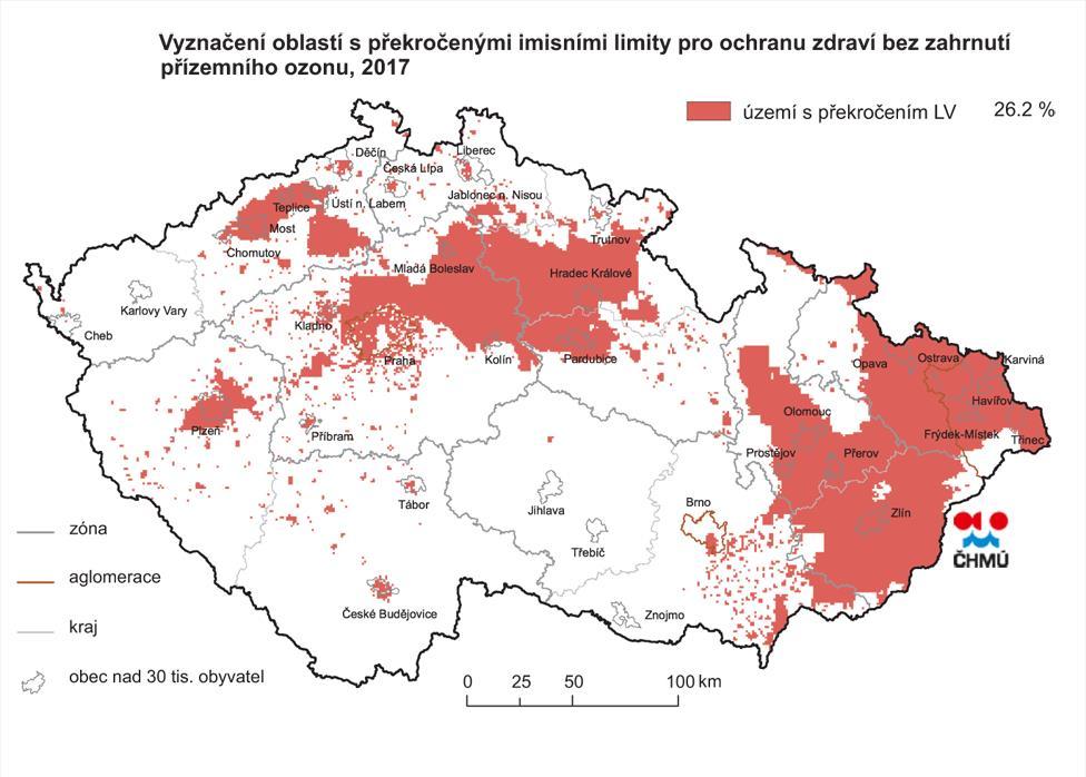 Obrázek 2: Překročení imisních limitů pro ochranu zdraví lidí pro rok 2017 v ČR bez přízemního ozonu Zdroj: http://portal.chmi.cz/files/portal/docs/uoco/isko/grafroc/17groc/gr17cz/png/ovii1.png 2.