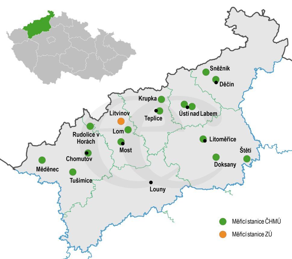 Obrázek 5: Přehled měřicích imisních stanic, ze kterých ECM vyhodnocuje aktuální stav ovzduší Zdroj: Zpracovalo ECM Imisní data z jednotlivých stanic byla až do listopadu 2014 získávána ECM přes FTP