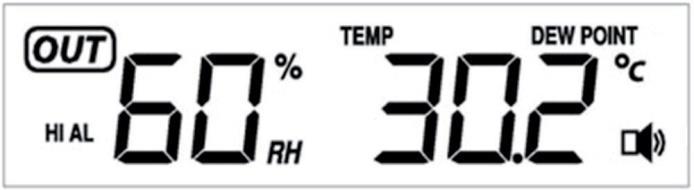 Příklad: Normální displej Příklad: Alarm s teplotním alarmem a rosným bodem (vysoký alarm) Režim Min / Max Během normálního režimu stisknutím tlačítka MIN / MAX vstoupíte do maximálního režimu,