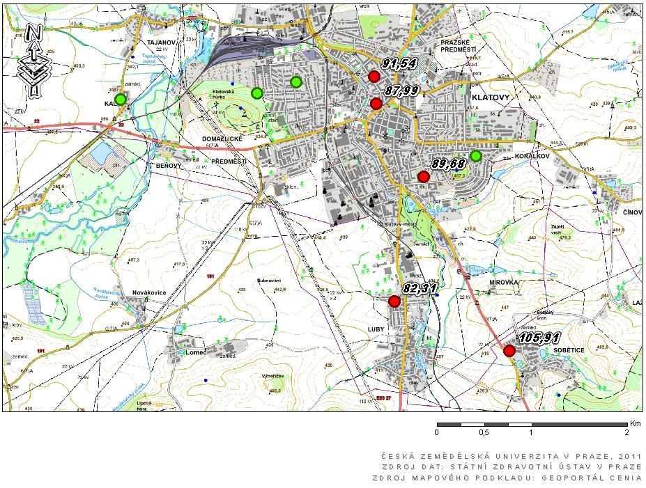 Mapa překročení hodnoty vanadu v půdě představující zdravotní riziko v