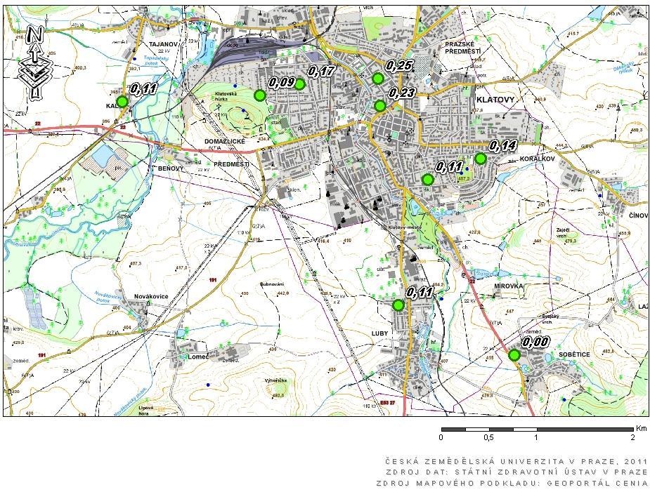 Mapa překročení hodnoty rtuti v půdě představující