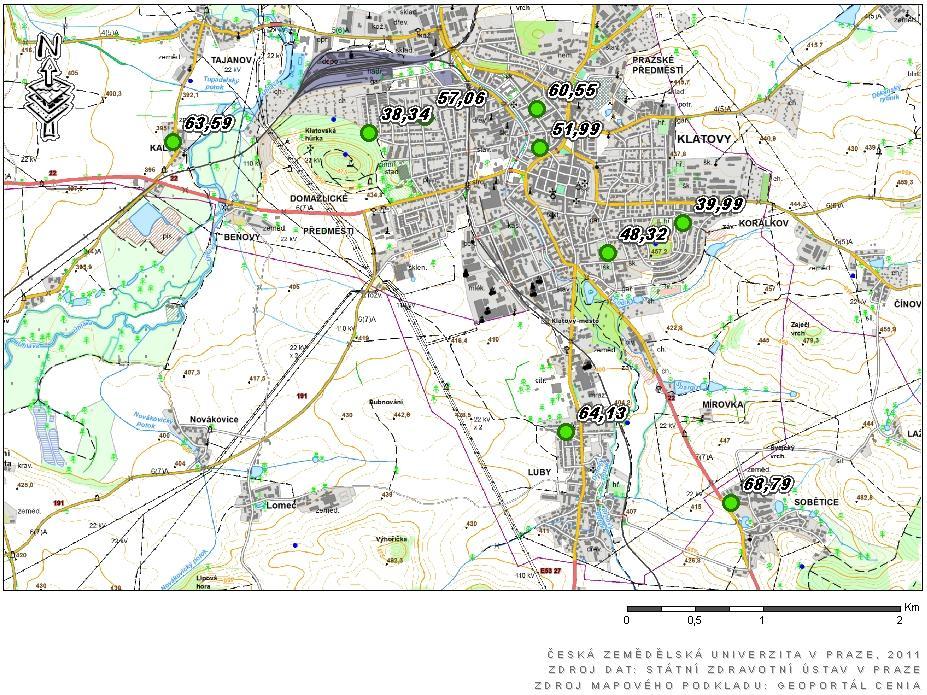 Mapa překročení hodnoty mědi v půdě představující