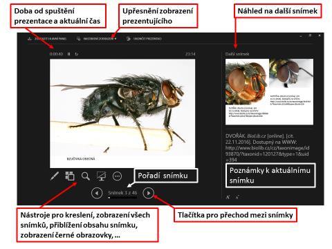 (Obrázek č. 2 režim Zobrazení prezentujícího) Přednášející tímto způsobem uvidí náhled dalšího snímku, své vlastní poznámky a může využívat celou řadu dalších nástrojů.