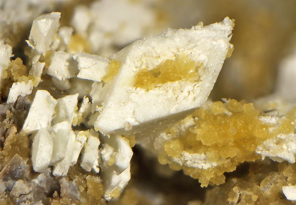 18 Bělavé agregáty rozenitu (pravděpodobně pseudomorfózy po krystalech melanteritu) v asociaci se žlutým ferricopiapitem; šířka obrázku 2.6 mm; foto J. Sejkora.