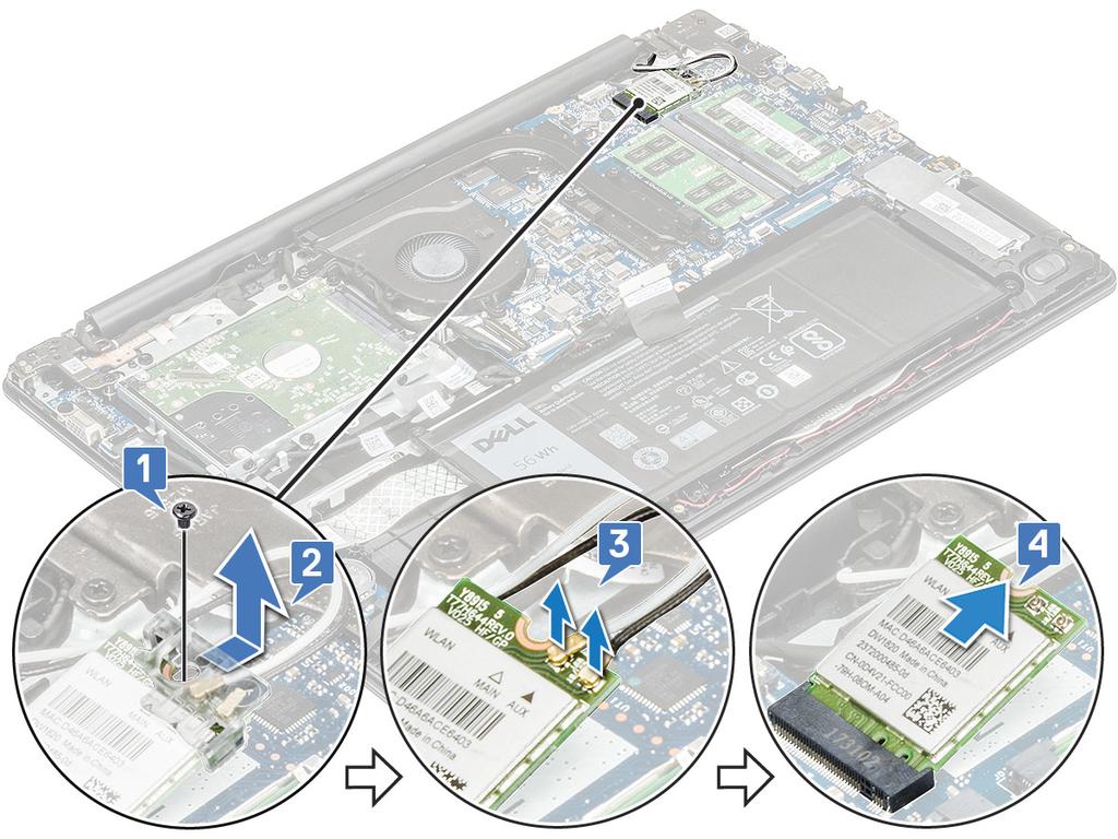 Montáž karty sítě WLAN 1 Vložte kartu WLAN do příslušného konektoru na základní desce. 2 Zasuňte anténní kabely pod levý závěs displeje a připojte je ke kartě WLAN.