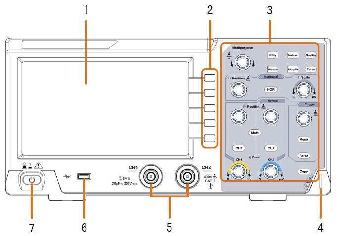 Obrázek. 3-1 Čelní Panel 1. Oblast Zobrazení 2. Tlačítka volby menu: výběr položky v pravém menu 3. Oblast ovládání (tlačítka a kotouče) 4. Kompenzace Sondy: Měřící signál (5V/1KHz) výstup 5.