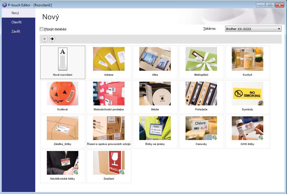 Jak používat program P-touch Editor c Vyberte jednu ze zobrazených možností: 4 1 3 2 3 1 Chcete-li vytvořit nové rozvržení, dvakrát klikněte na Nové rozvržení nebo klikněte na Nové rozvržení a poté