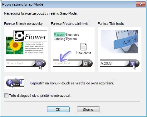 Jak používat program P-touch Editor Režim Snap Tento režim umožňuje zachytit celý obsah obrazovky počítače nebo její část, vytisknout ji jako obrázek a uložit pro