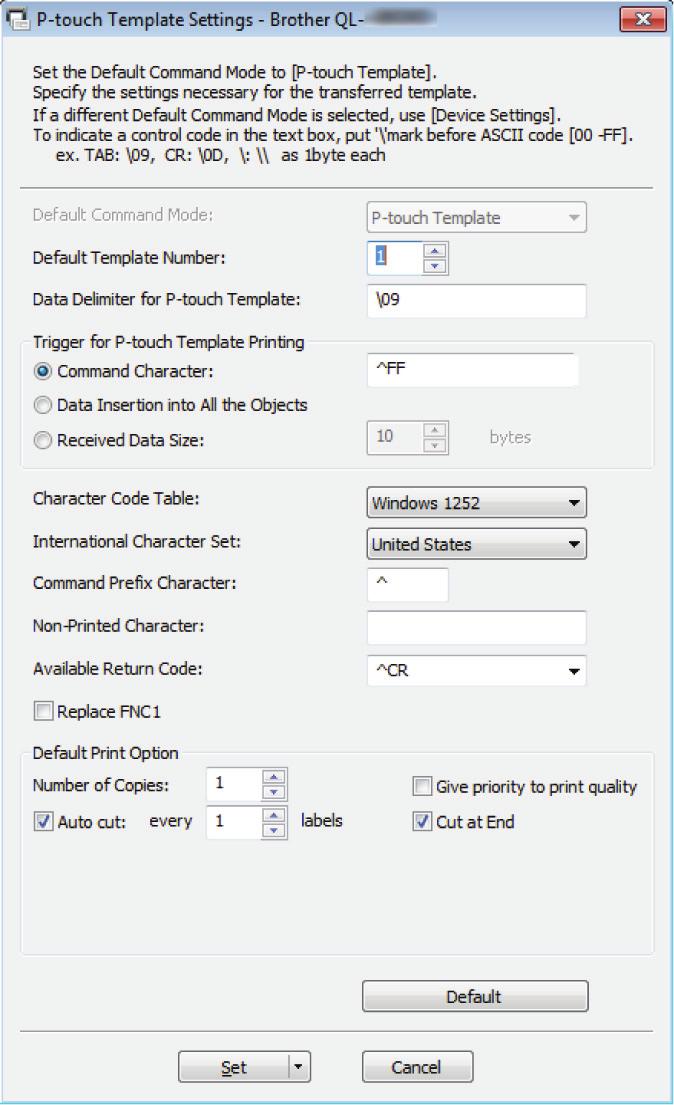 Tisk štítků pomocí funkce P-touch Template 4 Zvolte příslušná nastavení a poté klikněte na tlačítko Set (Nastavit).
