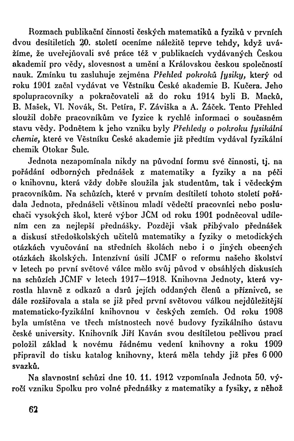 Rozmach publikační činnosti českých matematiků a fyziků v prvních dvou desítiletích 20.