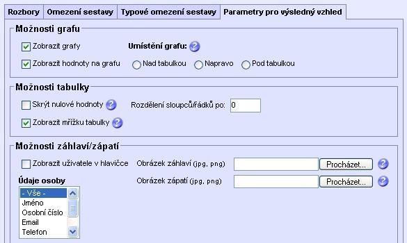 MISPA Záložka Parametry pro výsledný vzhled Možnosti grafu poskytuji uživateli nastavení podmínky pro zobrazení grafu v rámci sestavy.