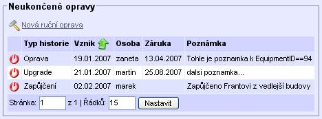 MISPA IV) Historie Zobrazí vybrané příslušenství a k němu tabulku historie od uvedení do provozu, přes přiřazení k počítači, přesuny, opravy, změny položek až po jeho odstranění.