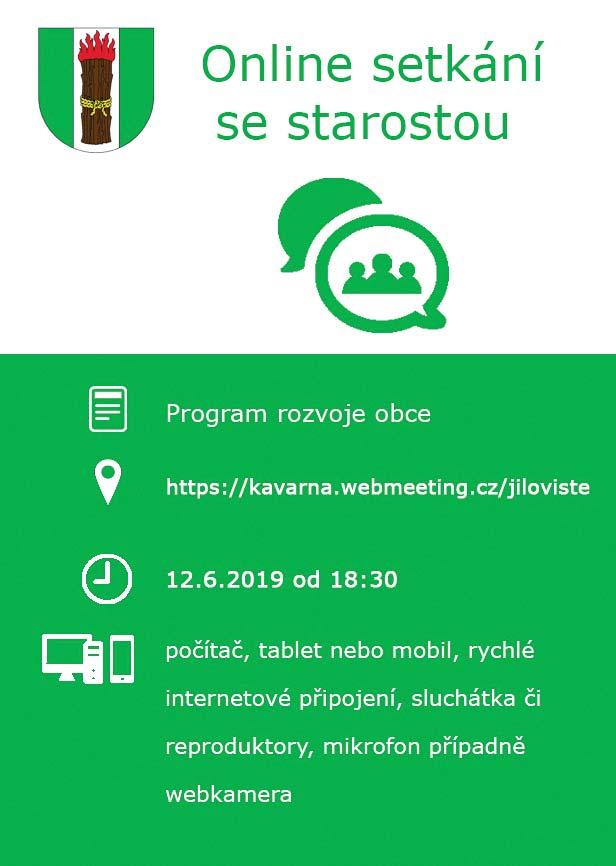 è Proběhlo první on line setkání se starostou 12. 6. 2019 proběhlo první on line setkání se starostou, kdy se občané mohli připojit přes internetové rozhraní a přímo diskutovat se starostou.