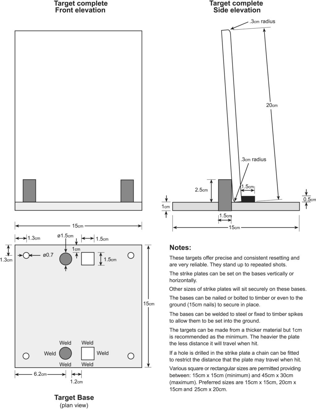 PŘÍLOHA C3: Volné IPSC kovové desky R-S Kompletní terč Nárys Kompletní terč Bokorys Poloměr 0,3 cm Poloměr 0,3 cm Poznámky: Tyto terče zajišťují přesnou a neměnnou pozici terče a jsou velmi